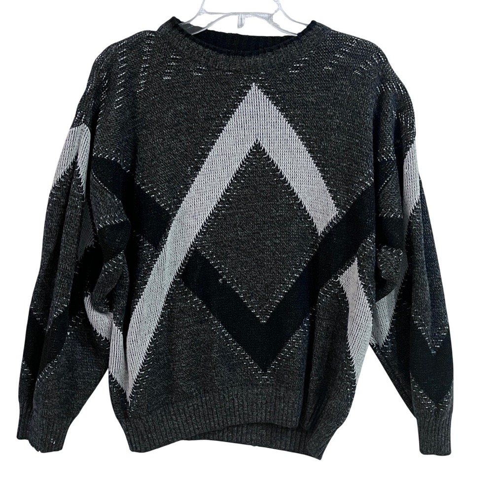Vtg Mens Italian Geometric Pattern Sweater Black Gray‎ White Wool Blend Small